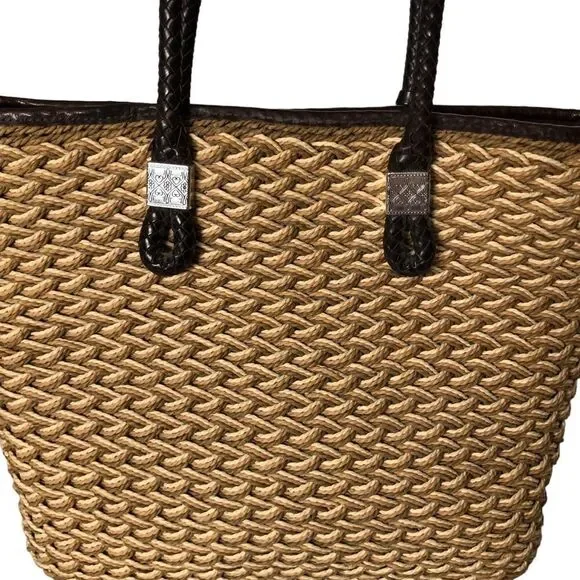 Brighton Straw Double Handle Bag Leather Woven Handles Silver Hardware
